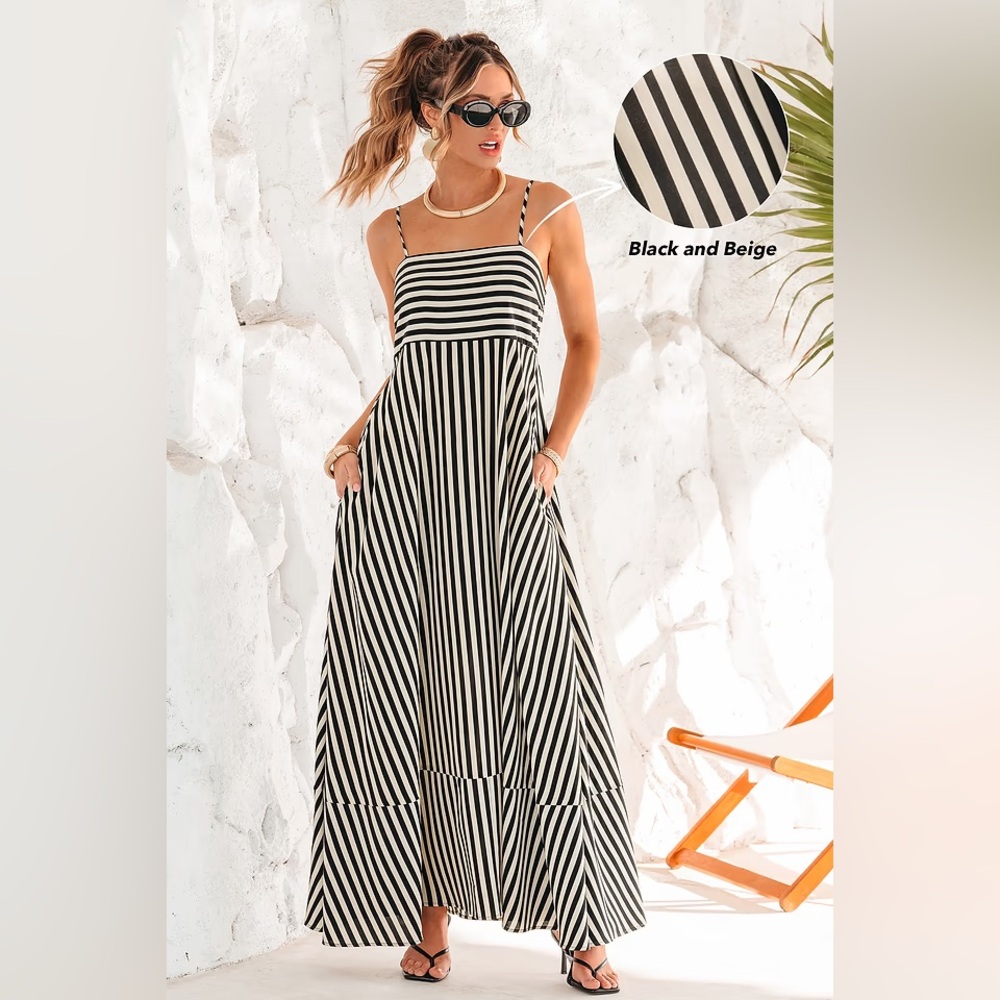 Cupshe Black and Beige Striped Maxi Dress NWOT